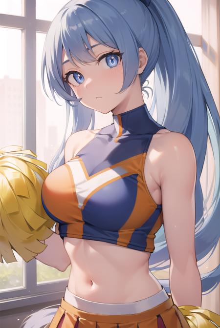 nejirehadou, <lora:nejirehadou-lora-nochekaiser:1>,
nejire hadou, blue eyes, blue hair, long hair,
BREAK cheerleader, crop top, holding pom poms, midriff, navel, orange skirt, pink footwear, pom pom (cheerleading), pom poms, ponytail, skirt, (u.a. cheerleader uniform:1.5),
BREAK looking at viewer, full body,
BREAK indoors, classroom,
BREAK <lyco:GoodHands-beta2:1>, (masterpiece:1.2), best quality, high resolution, unity 8k wallpaper, (illustration:0.8), (beautiful detailed eyes:1.6), extremely detailed face, perfect lighting, extremely detailed CG, (perfect hands, perfect anatomy),