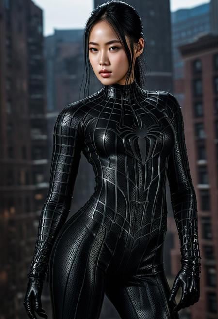 score_9, score_8_up, score_7_up, best quality, realistic, masterpiece, beautiful detail, hyperrealistic, ((1girl, woman body, big breasts)), amazing detailed full body portrait of a beautiful ulzzang girl, wearing a realistic and highly detailed black raimi spider-man suit, ((muscular girl)), professional model wears ultra - detailed black raimi spider - man suit, ultra - detailed and grained black raimi spiderman suit, suit covered entire body and hand, black spiderman gloves, wet, (action pose), (full body), (dirty skin), close up, octane render, highly detailed, volumetric, dramatic lighting, (highest quality:1.1), (HDR:1.3), (top quality, best quality), realistic, high definition,