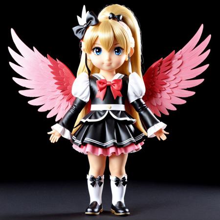 Score_9, score_8_up, score_7_up, coralbugXL, masterpiece, sanri0, solo, wings, blonde hair, no humans, skirt, long hair, black background, bow, hair bow, full body, ponytail, standing, sleeves past fingers, hair ornament, 1girl, looking at viewer, animalization