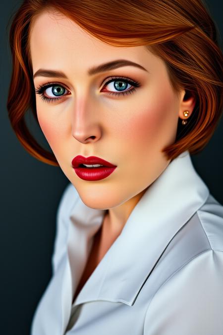 upper body high fashion photo of a woman with red hair. Epic inspiration for autumn natural makeup, abstract art, Exquisite detail, high resolution photo, realistic photo, intricate detail, natural lighting, elegant blouse, agentscully