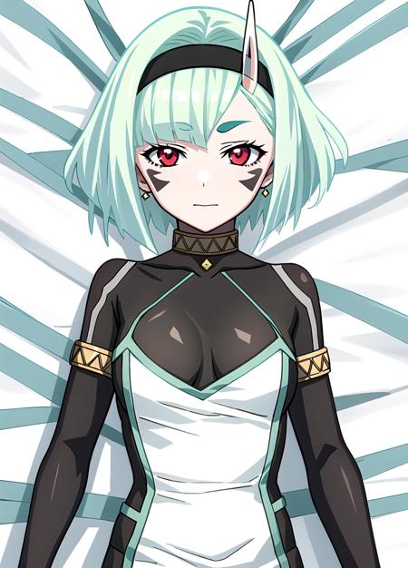 Koko Zenibako, hands behind the scenes, upper body, lying in bed, dress, black skin color,  1girl, solo, short hair, looking at viewer, red eyes, green hair, facial mark, hairband, single horn, breasts, aqua hair,  <lora:Koko Zenibako20r61r61rcorrected-000006:0.6>