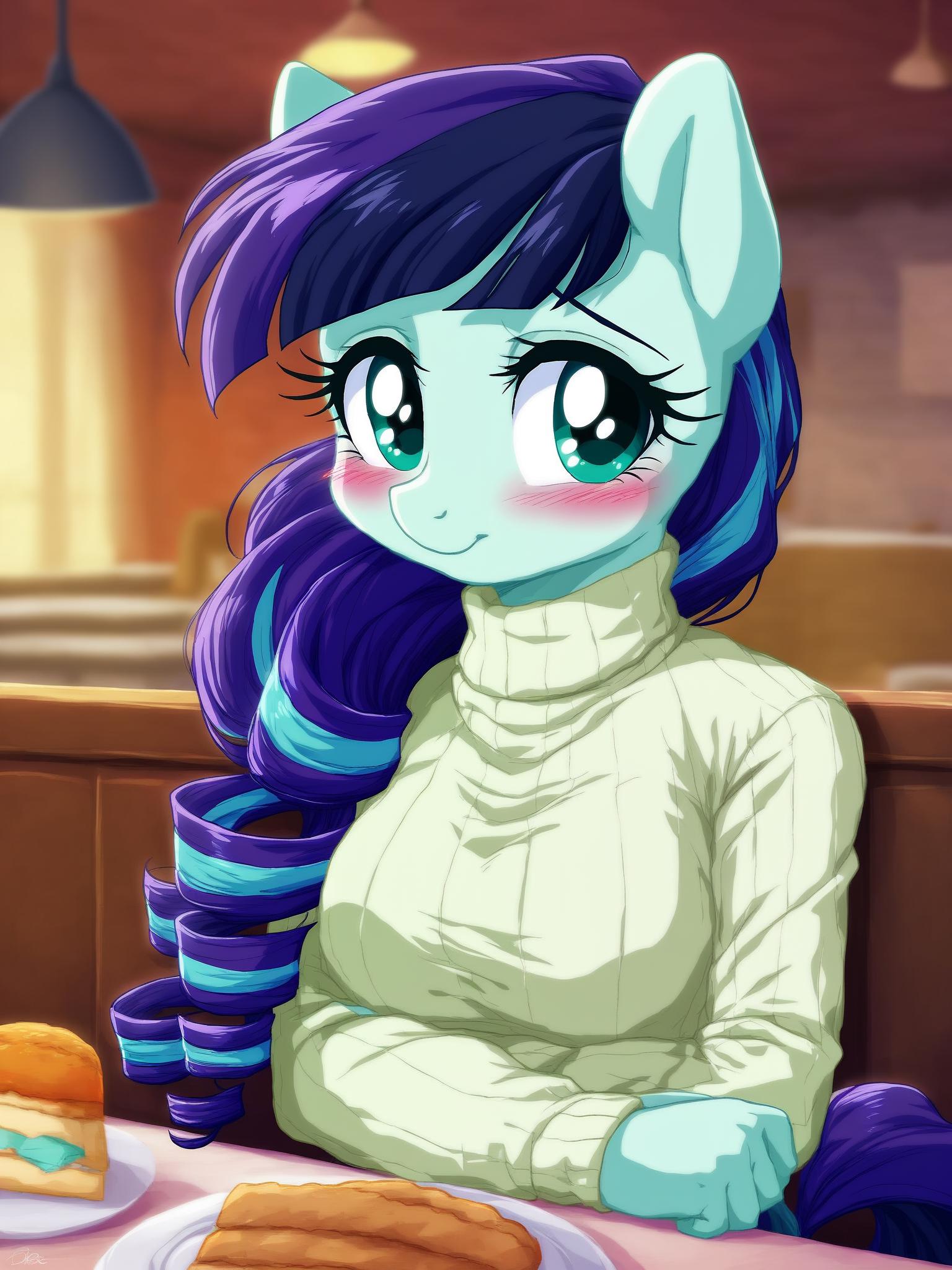 score_9, score_8_up, score_7_up, score_6_up, score_5_up, score_4_up, (solo), (rsd, vum:0.8), coloratura_\(mlp\), front view, turtleneck sweater, upper body, (pdcu:0.75), female, anthro pony, my little pony, (shy:1.2), (cute:1.2), smiling at you, blushing, (busty:1), athletic female, restaurant, indoors, mare, horse, pie