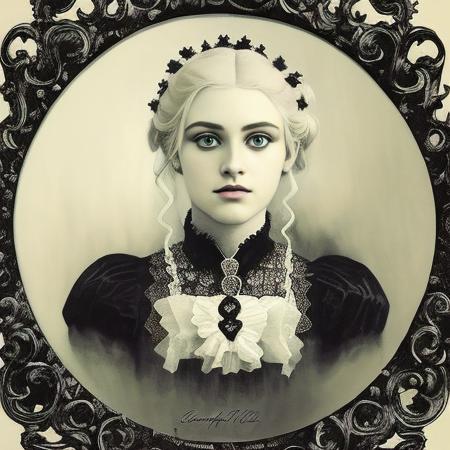 portrait of a majestic blonde french woman , cinematic, detailed <lora:monochrome :1> witch ,fantasy,artstation, monograph ,haunted, beautiful face. 1902, ((black and white)), film grain, faded