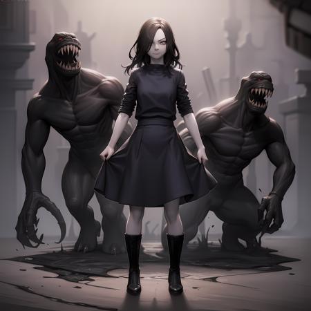 ((masterpiece, best quality)),(complex lighting),solo,1girl,full body, eveline, black dress, black hair, <lora:EvelineRE1:0.6>, boots, sleeves rolled up, hair over one eye,long hair, pale skin, grey eyes, smirk, light frown, monster of shadow,