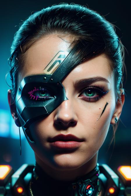 stunning female portrait, (((film grain, cyberpunk style, dark lighting, dramatic hard shadows)), (((cyberpunk digital style markings on whole face))),  (glamor makeup eye shadows), explosive, clean background, material contrast, hyper-detailed, 8k, hyper detailed elegant, ((realistic, photorealistic, hyperreality)),