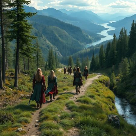a group of female warriors travel a wide valley path through woodland, a broad river runs alongside the path, distant rivers, distant mountains, wilderness, dungeons and dragons, medieval, real photo, 4k, vibrant colours