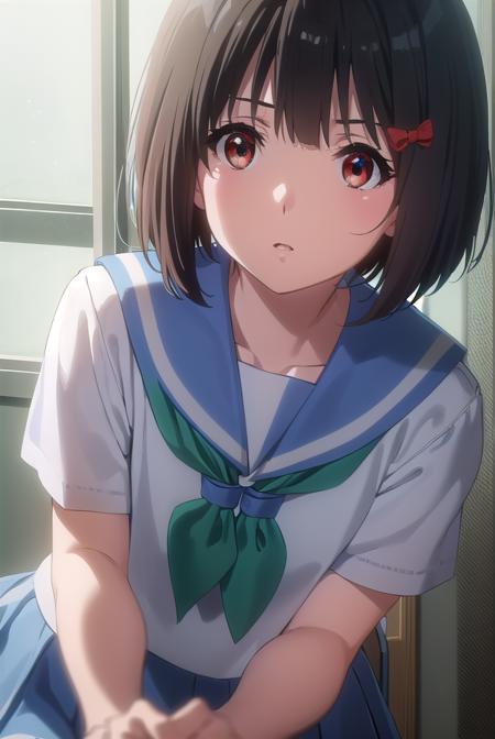 kanadehisaishi, <lora:kanade hisaishi movie-lora-nochekaiser:1>,
kanade hisaishi, short hair, bangs, black hair, (red eyes:1.3), bow, hair bow, red bow,
BREAK skirt, shirt, school uniform, white shirt, short sleeves, pleated skirt, serafuku, sailor collar, blue skirt, neckerchief, blue sailor collar, school bag, (green neckerchief:1.2), kitauji high school uniform,
BREAK indoors, classroom,
BREAK looking at viewer, (cowboy shot:1.5),
BREAK <lyco:GoodHands-beta2:1>, (masterpiece:1.2), best quality, high resolution, unity 8k wallpaper, (illustration:0.8), (beautiful detailed eyes:1.6), extremely detailed face, perfect lighting, extremely detailed CG, (perfect hands, perfect anatomy),