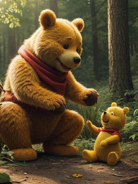 Watercolor painting HDR photo of Hyperrealistic art masterpiece of Winnie The Pooh playng with bees, in a forest clearing, early evening, The Pooh has highly textured fur <lora:xl_more_art-full_v1:0.25> . Extremely high-resolution details, photographic, realism pushed to extreme, fine texture, incredibly lifelike. High dynamic range, vivid, rich details, clear shadows and highlights, realistic, intense, enhanced contrast, highly detailed, 3D render, ((hyper realism)), sharp focus, cinematic lighting, photo realistic, hyper realistic. 4k, natural, global illumination, caustics, ratytracing, Unreal Engine, highly detailed, trending on Artstation . Vibrant, beautiful, painterly, detailed, textural, artistic
