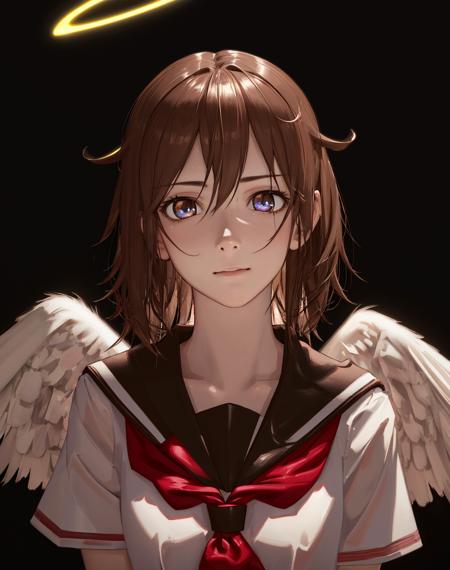 (photorealistic:1.4), (masterpiece, sidelighting, finely detailed beautiful eyes: 1.2), masterpiece*portrait, realistic, 3d face, glowing eyes, shiny hair, lustrous skin, solo, embarassed, (midriff), 1girl, angel wings, brown eyes, brown hair, haibane renmei, halo, rakka, sailor collar, school uniform,  <lora:my_LoRA_rakka_v2:0.5>