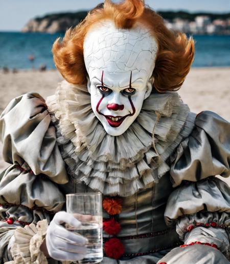 close up portrait of pennywise a creepy clown at the beach wearing glasses holding a vodka, summer, Spain, beach <lora:Pennywise:0.7>  sunny day,