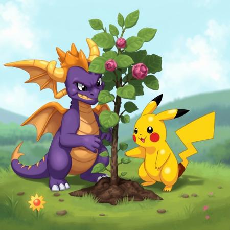 Pikachu and Spyro the Dragon, planting a tree