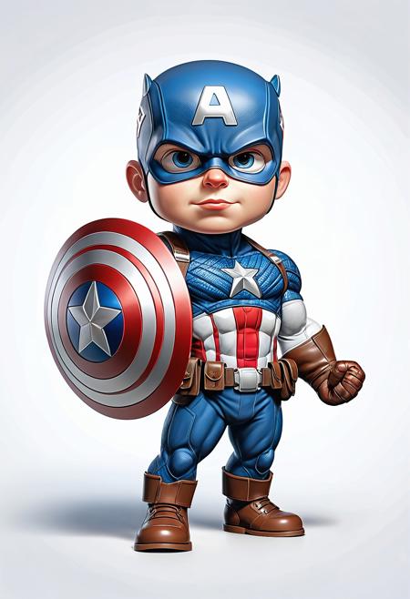 Cartoon version of (Captain America), hyper-realistic portraits, full body shot, precisionism influence, zbrush, charming characters, caricature-like, playful caricature, cartoonish, cartoonish character design , isolate on white