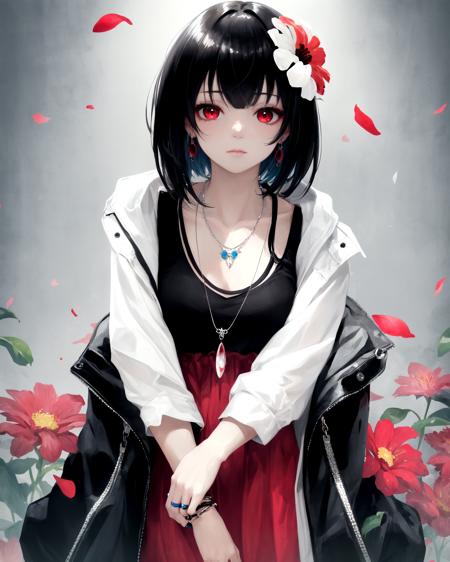 1girl,red eyes,black hair,short hair,hair ornament,looking at viewer,solo,necklace,upper body,jacket,hair flower,jewelry,closed mouth,aiming at viewer,flower,oval face,plump,glamor,