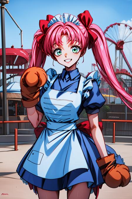 1girl, (amusement park:1.4), cowboy shot, grin, 
vg_manami, green eyes, pink hair, long hair, twintails, hair ribbon, red ribbon, maid headdress, animal hands, paw gloves, gloves, white apron, blue maid, short sleeves, skirt, <lora:VG_manami_lora_ver1:0.8>, best quality, masterpiece, highres, <lora:GoodHands-vanilla:1>