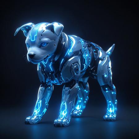 a cute puppy made of glossy silver and blue glow, delicate frame, cyborg, deus ex human revolution, SilverPulse, masterpiece, best quality, highly detailed, sharp focus, dynamic lighting