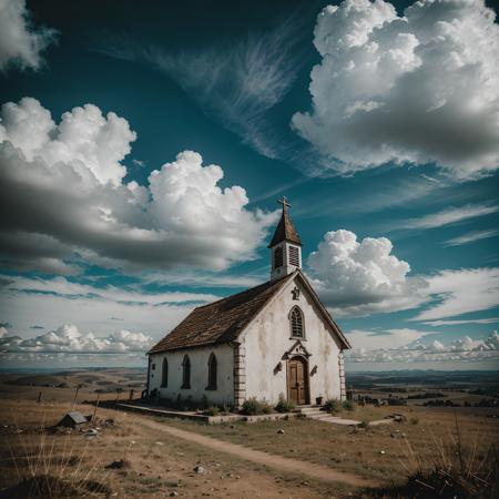 documentary photo of a small church on top of a hill, clouds in the sky, watched through lens magnifier, extremely detailed, 8K, apocalyptic punk style, miniatures, macro photography in close-up, view from below, low angle shoot, Fujifilm X-T4