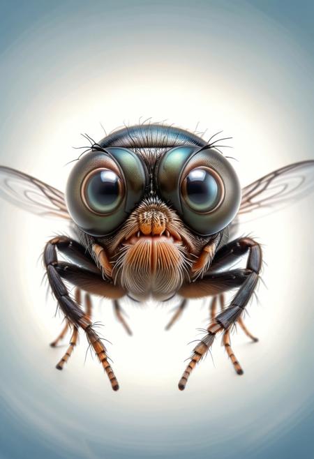 High Quality funny cartoonish,,portrait Beautiful picture of A painting of a fly (close-up) fisheye photo, Big eyes, surprised,   haze lighting, 16k, uhd, masterpiece,zhibi, Fisheye camera, top focus