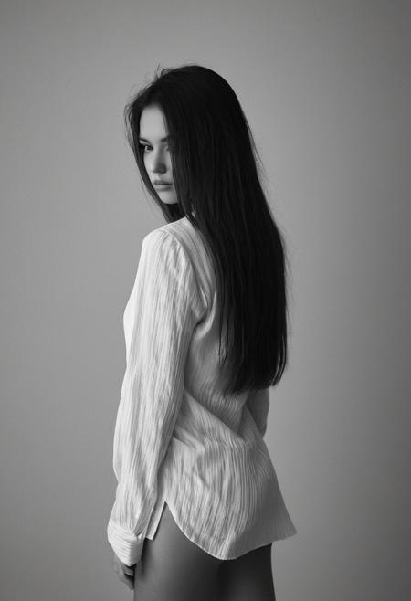 cinematic film still fashion photography portrait of 1girl,grainy, black and white, backside,  flawless hairs, high contrasts look,, (subtle gradient backdrop:1.1), (tranquil yet evocative:1.2), (conceptual portraiture:1.3), (play on perception:1.2), Canon EOS 5D Mark III, 1/160s, f/8, ISO 100, (surreal calm:1.1), (visual metaphor:1.3),—vignette effect, matt finish, monochrome.