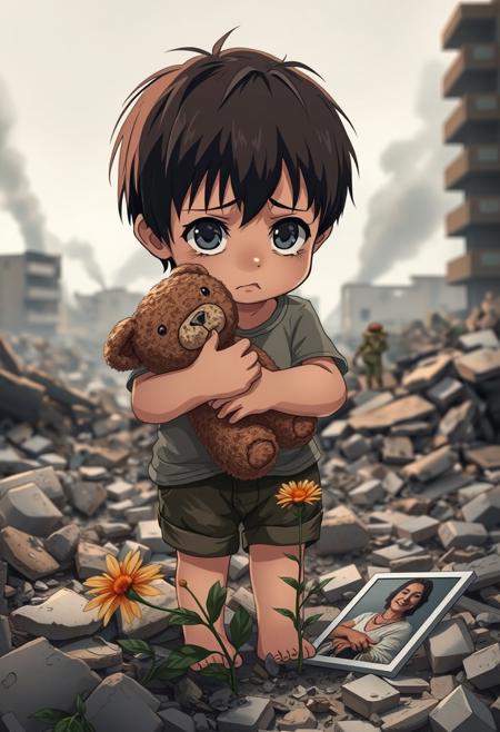 In anime style
A tearful child,  clutches a worn teddy bear tightly, standing alone in the rubble of a war-torn city. Soft natural lighting highlights the child's expression of fear and confusion. The background shows collapsed buildings, smoke rising in the distance. A single flower grows through the debris near the child's bare feet. The child's clothes are tattered and dirty. A discarded family photo lies partially visible in the rubble nearby. The sky is a somber gray. Captured with a high-end digital camera, shallow depth of field focusing on the child's eyes, high detail and resolution, muted color palette except for the bright flower and the child's eyes. emotional impact, raw and unposed.