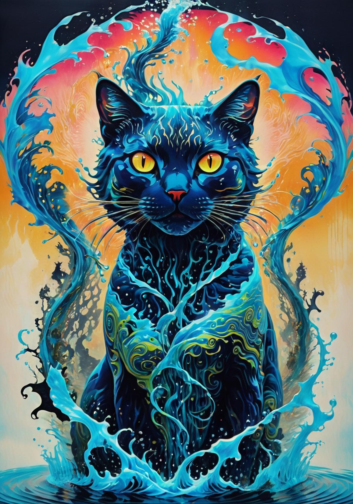 A blue cat with yellow eyes on a surreal background.
