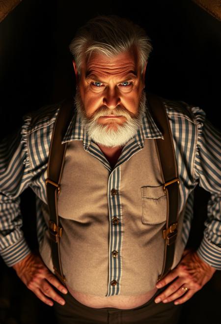 seen from above, professional model photograph with dramatic lighting, dark night, dark background, lowlight, in dark wine cellar,  stereotypical traditional bavarian german granddad, tall big man with large belly, deep blue-green eyes, bushy eyebrows, pale blonde hair, big bushy eyebrows, tanned sun-kissed skin, lederhosen, bavarian leather pants, leather suspenders, small golden earring, stern serious arrogant dominant personality, disgusted arrogant expression, hands on hips