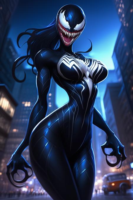 masterpiece, best quality, CG, wallpaper, HDR, high quality, high-definition, extremely detailed, 1girl, looking at viewer, smile, <lora:Venom-000017:1>, she venom, full body, black bodysuit, city, night, looking at viewer, teeth, monster,