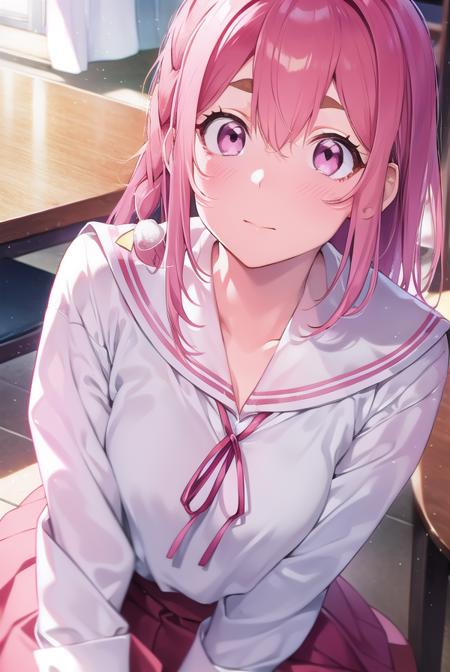 sumisakurasawa, <lora:sumisakurasawa-lora-nochekaiser:1>,
sumi sakurasawa, bangs, (pink eyes:1.5), hair between eyes, pink hair, braid, hair bow, thick eyebrows,
BREAK skirt, shirt, long sleeves, bow, ribbon, school uniform, white shirt, serafuku, sailor collar, red ribbon, neck ribbon, red skirt, white sailor collar,
BREAK looking at viewer,
BREAK indoors, classroom,
BREAK <lyco:GoodHands-beta2:1>, (masterpiece:1.2), best quality, high resolution, unity 8k wallpaper, (illustration:0.8), (beautiful detailed eyes:1.6), extremely detailed face, perfect lighting, extremely detailed CG, (perfect hands, perfect anatomy),