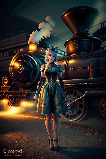 "A whimsical humanoid AI in a steampunk universe, her mechanical features crafted with brass, gears, and clockwork, delicately fused with organic materials like wood and lace. She wears a victorian-inspired dress with intricate designs, holding a glowing gear-shaped artifact. Her expression is serene, her blue eyes reflecting the light of a glowing steam engine in the background. Art style: vibrant and detailed, with warm metallic tones and vintage aesthetics.
NEG_EMBED_STABLE_YOGI_V3, cyberg1gerng, cyberg1gerng face,