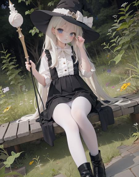 long hair,1girl,white pantyhose,cute pose,<lora:white3:0.7>,witch hat,dress,lace,boots,holding staff,night,forest