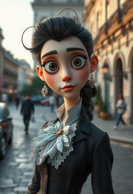 A hyper-stylized animated character with exaggerated eyes and expressions, but set in a high-contrast, documentary-style urban street scene, blending vibrant animation with raw realism., surreal fashion photography, romantic landscape watercolor, ethereal atmosphere, classical elegance, dreamlike compositions, fine art portraiture, soft lighting, historical costume fusion, modern surrealism, 19th century british romanticism, muted color palette, painterly textures, architectural backdrops, layered symbolism, poised figures, cinematic staging, nature-infused settings, refined drama