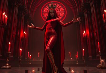 ((score_9, score_8_up, score_7_up)), (((character design, sci-fi warrior women, feminine power, perfect anatomy))), 
An enigmatic figure of a (occult)nun(caucasian), her red (skintight_sealed_bodysuit)habit sexy, conducting a sensual occult ritual inside a dark cathedral at (red)midnight. Her (eyeless)mask, elaborate crown, (fully)conceals her identity, adding to her mystique and allure. gold stiletto platform thigh boots, big breasts, tiny waist, flat abs, naughty, looking at viewer, seducing with her body, dancing towards viewer with her arms extending up, sexy ass seductive wide hips, butt cheeks, twerk, huge perky breasts, in the style of a vintage, high-contrast setting. Emphasize theatrical elements with a bit of bright colors against dark, moody backgrounds
,big butt, booty, bubble butt, <lora:add-detail-xl:2>
