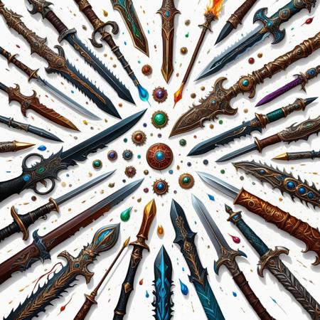 Finely detailed vector illustration. assortment of legendary weapons, ultra realistic quality,circle symbols,white background, oil painting, hyperdetailed, intricately detailed,  triadic colors,fantastical,intricate detail,splash screen,complementary colors, fantasy concept art, 8k resolution, masterpiece,oil painting,heavy strokes,paint dripping.