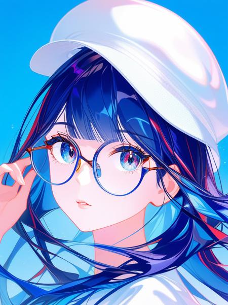 1girl,solo,best quality,portrait,blue background,simple background,eye focus,close-up,looking at viewer,parted lips,blue eyes,multicolored eyes,glasses,semi-rimless eyewear,red-framed eyewear,blue hair,long hair,bangs,hat,<lora:dan:1>,