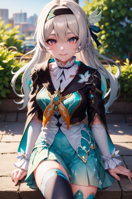 <lora:firefly:1> firefly \(honkai: star rail\), 1girl, sitting, outdoors, white hair, long hair, multicolored eyes, black hairband, dress, green skirt, white shirt, arms at sides, black cape, long sleeves, white sleeves, walking, closed mouth, light smile, aqua thighhighs, thighhighs,