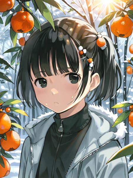 <lora:comicloa1_xl:1>,1girl, solo, black hair, fruit, black eyes, tree, food, coat, hair ornament, orange (fruit), looking at viewer, upper body, short hair, closed mouth, bangs, fur trim, outdoors, hair bobbles, jacket, hood down, day, leaf, zipper, mandarin orange, winter clothes, frown, twintails, branch, turtleneck, long sleeves, sunlight, expressionless