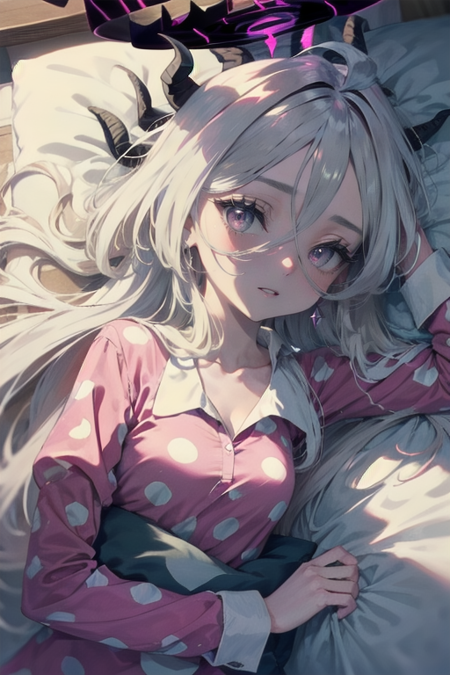 long hair,horns,white hair,1girl,pajamas,demon horns,long sleeves,purple eyes,ahoge,halo,parted bangs,pink pajamas,polka dot,hair between eyes,solo,demon girl,blush,sidelocks,looking at viewer,very long hair,wings,demon wings,pillow,forehead,bed sheet,barefoot,smile,lying,holding,multiple horns,shirt,closed mouth,on bed,indoors,collarbone,eyes visible through hair,bed,parted lips,full body,object hug,grey hair,solo focus,tired face