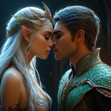 brutal handsome man kissing a beautiful elven queen, magical, sci-fi, beautiful, unimaginable, 
very dramatic, naturalistic, photorealistic, highly detailed digital art, science vs fantasy, 
accurate intricate and realistic anatomy, 
soft lighting, Cinematic, Color Grading, Editorial Photography, volumetric lighting, atmospheric, Photography,