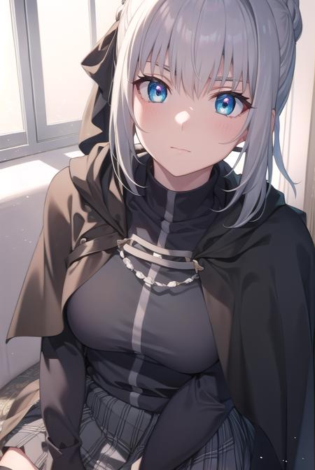 gray, blue eyes, short hair, grey hair, ahoge, black cape, black footwear, black ribbon, black shirt, black thighhighs, cape, grey skirt, hood, hood up, long sleeves, miniskirt, plaid, plaid skirt, pleated skirt, ribbon, shirt, skirt, solo, thighhighs, zettai ryouiki, hair bun, hair ribbon, ribbon, black cape, black footwear, black ribbon, black shirt, black thighhighs, cape, grey skirt, hood, long sleeves, miniskirt, plaid, plaid skirt, pleated skirt, ribbon, shirt, skirt, solo, thighhighs, zettai ryouiki,