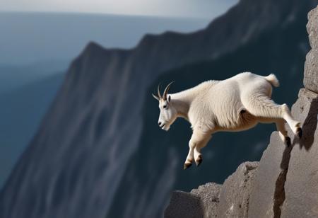 mountain goat jumping from one cliff to another. Very realistic photography