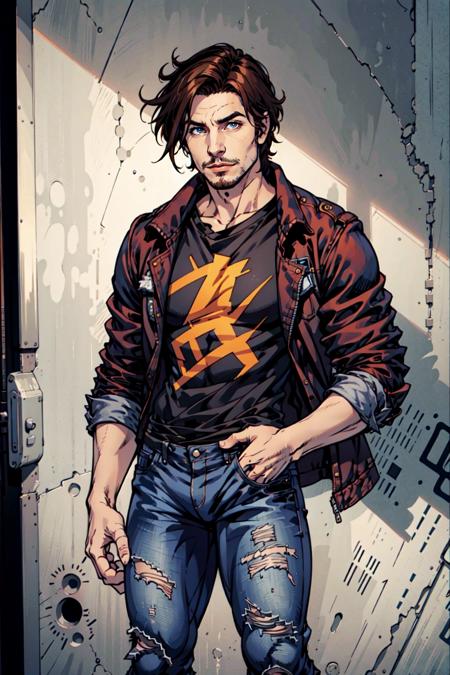 Michael Renne X'voor,  solo,  brown hair,  shirt,  1boy,  jacket,  male focus,  pants,  torn clothes,  facial hair,  denim,  jeans,  torn pants,  torn jeans, <lora:EMS-45455-EMS:0.400000>