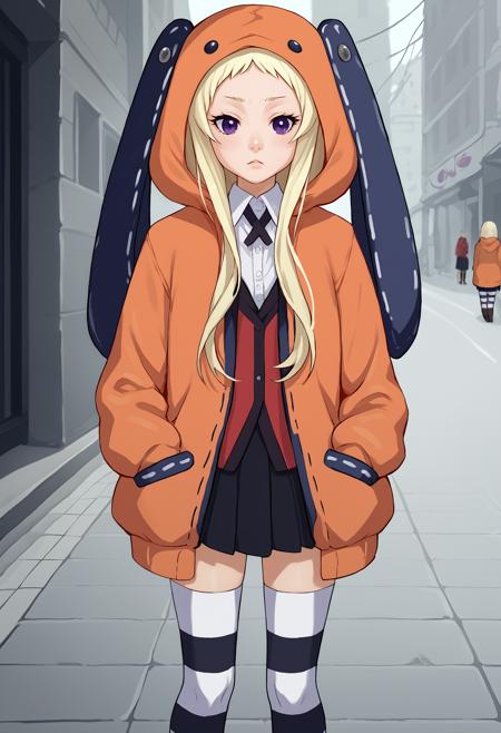 Runa, blonde hair, purple eyes, orange hooded jacket, white shirt, black and white thighhighs, animal hood, red blazer, pleated skirt, striped thighhighs