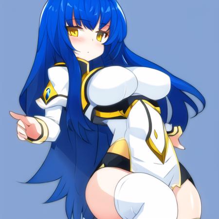 <lora:tsuderoepoch-000003:1>, 1girl, mature, blue hair, yellow eyes, large breasts:1, white thighhighs, simple background,