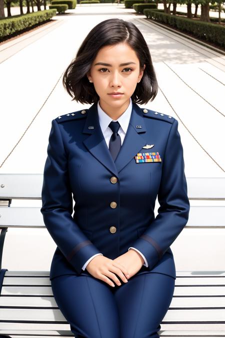 RAW photo, absurdres, high quality, photorealistic, sharp focus, airforce_uniform, 
a woman wearing an air force uniform, looking at viewer, sitting, 
park, bench, outdoors, sunlight, 
photo realism, ultra-detailed, 50mm, f1. 4, 8k uhd, film grain, 
 <lora:airforce_V2:1>