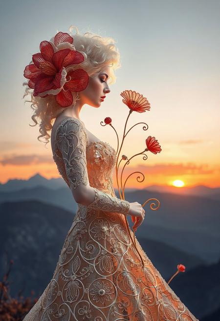 Resin wire art flower bloom. Curly-haired white albino woman. Elaborate filigree gala gown. Mountainous sunrise.