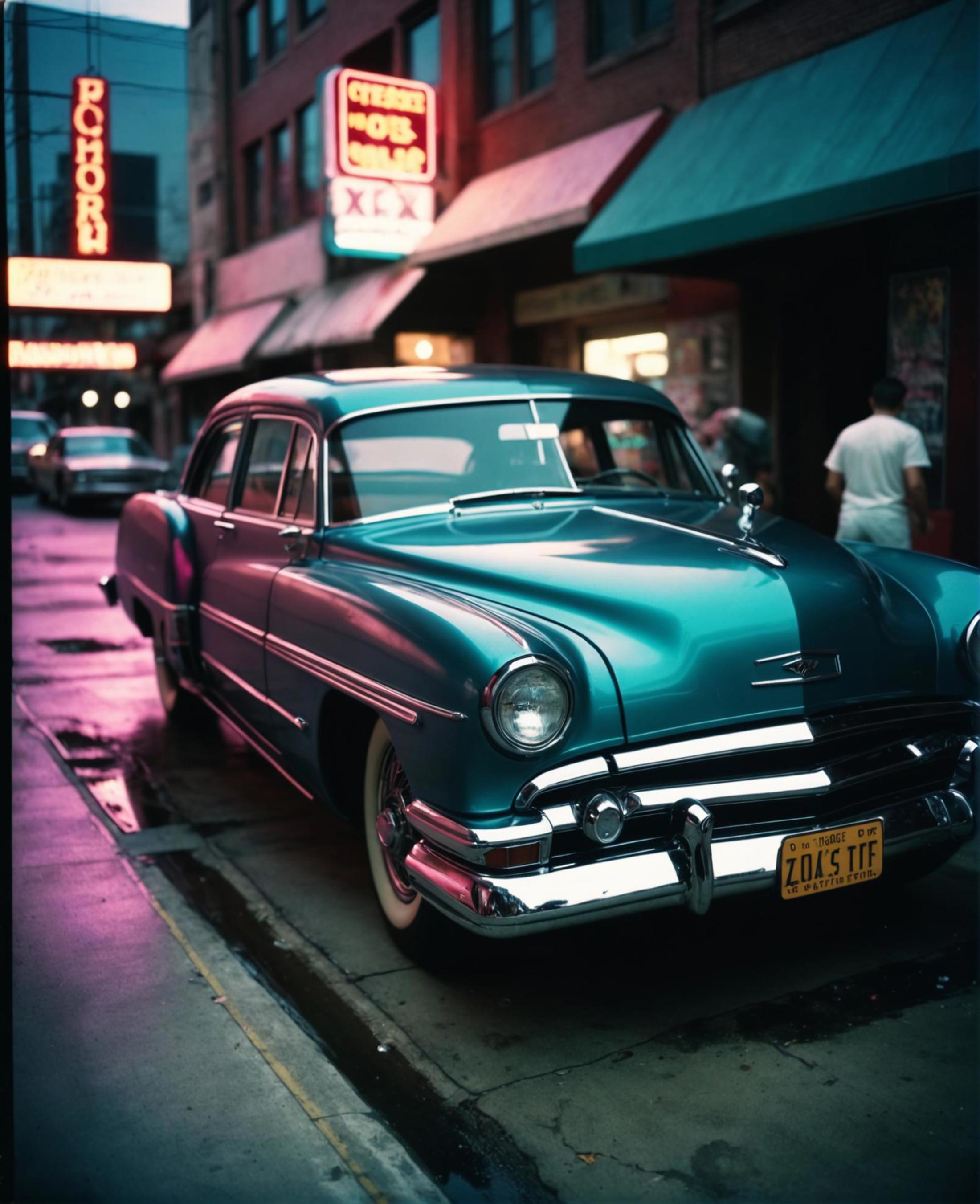 A blue classic car parked on a city street with a neon sign in the background.