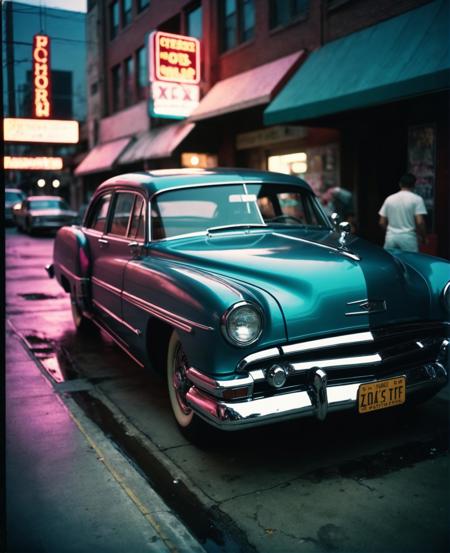 classic car, cyberpunk, Fujichrome Provia 100F, F/8, RTX, photolab