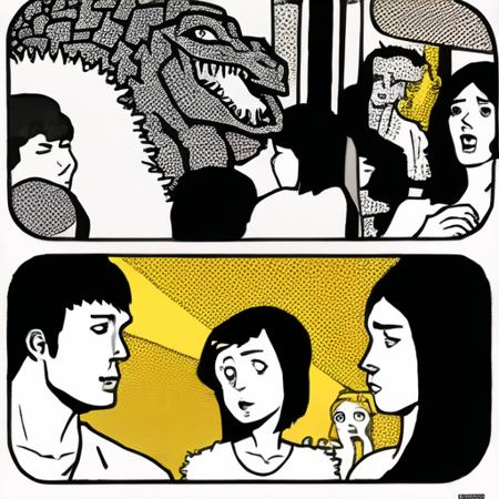 iede_tsurainichijou, godzilla, metro, halftone, simple_background, white_background, yellow_theme <lora:iede_tsurainichijou:1>