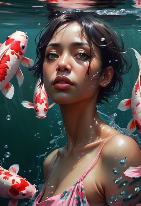 a female with dark skin (40 years old), and a short hair and green eyes, she’s wearing a torn dress, swimming under the water of the lake at the night, and opening her eyes, around her a pink koi fish and black koi fish and blue koi fish. highly detailed, masterful painting in the style of Anders Zorn | Marco Mazzoni | Yuri Ivanovich, Aleksi Briclot, Jeff Simpson, oil on canvas