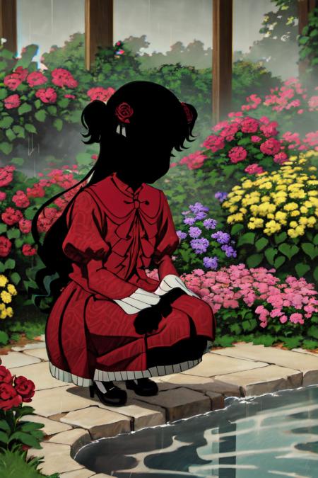 1girl, (masterpiece:1.3), high quality, high detailed, (solo), frilled dress, hair ribbon, (black skin:1.3), hair flower, black hair, long hair, red dress, kate, red sleeves, <lora:kate-08:1.3>, indoors, (black face:1.3), garden, rain, looking at viewer, squatting,