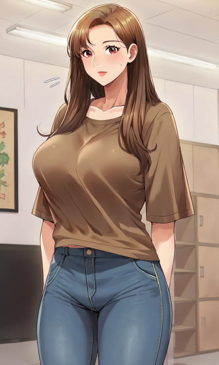 brown hair, brown eyes, red eyes, long hair pink shirt adibas shirt, pants, jeans dress, belt